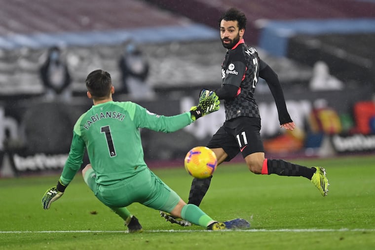 Mohamed Salah, right, scored two terrific goals in Liverpool's 3-1 win over West Ham United on Sunday.