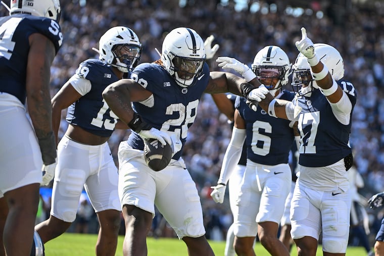 The Nike logo is displayed on the shoulder of Penn State defensive tackle Zane Durant (28).