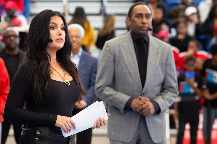 Molly Qerim, seen here alongside Stephen A. Smith at the 76ers Fieldhouse in Wilmington, is leaving ESPN and "First Take."