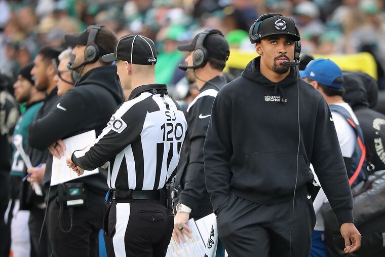 Eagles quarterback Jalen Hurts on the sideline during the loss to the Saints.