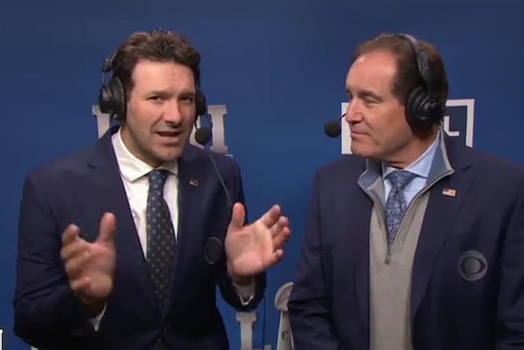 Tony Romo (left) and Jim Nantz calling the Patriots' 37-31 win over the Chiefs in the AFC championship game for CBS.