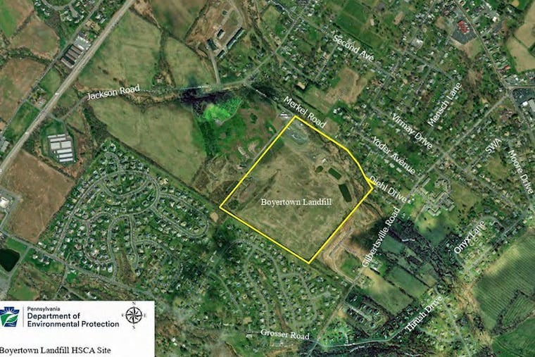 A map shows the location of the Boyertown Sanitary Landfill in Gilbertsville, Douglass Township, Montgomery County.
