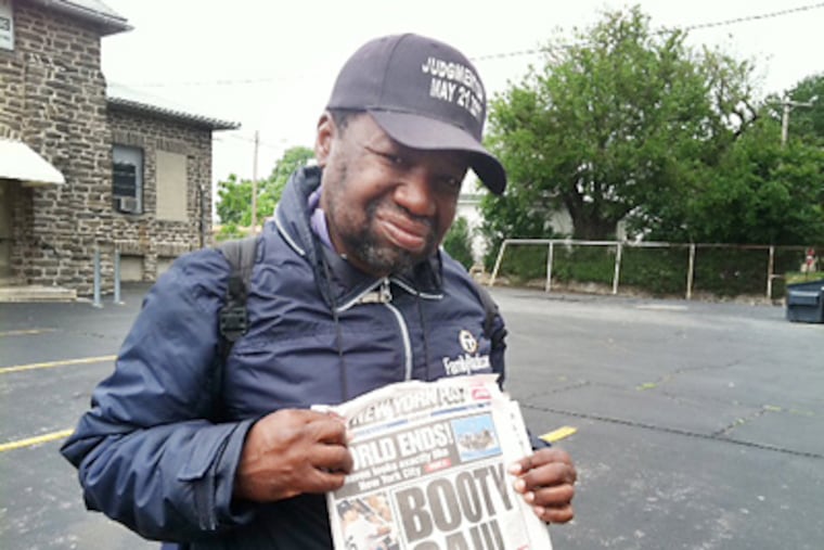 Judgment Day believer Lester McLendon, 58, of Newark, N.J., came to be with other believers of the eBible Fellowship at a Delaware County union hall. (Stephanie Farr / Staff)
