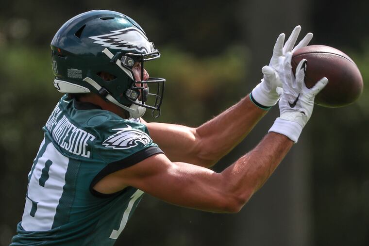 Eagles wide receiver J.J. Arcega-Whiteside acts like Falcons star Julio Jones during practice to give the defense a look at what it will face on Sunday.