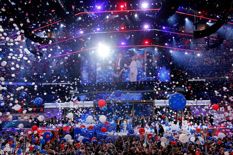 In this file photo from July 28, 2016, balloons fall after Hillary Clinton accepted the Democratic presidential nomination. The event, held at the arena then known as the Wells Fargo Center, was the last time Philadelphia hosted a presidential nominating convention.