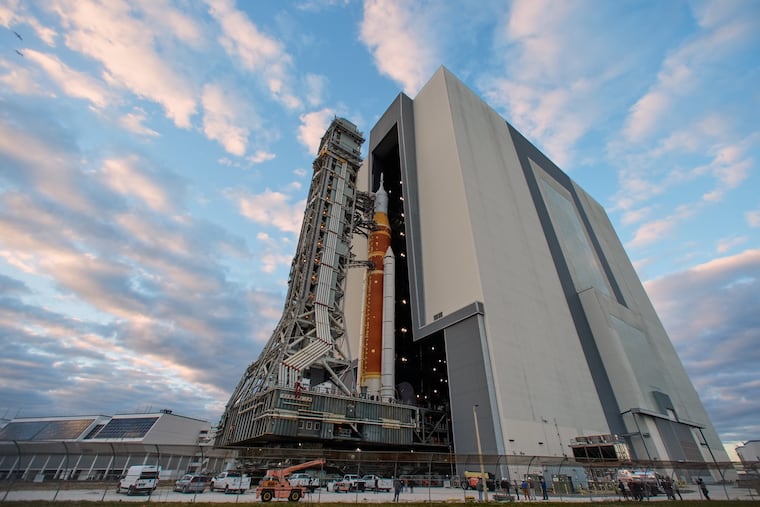 The Artemis II rocket makes its way from the Vehicle Assembly Building to pad 39B at the Kennedy Space Center, Saturday, Jan. 17, 2026, in Cape Canaveral, Fla. (AP Photo/John Raoux)