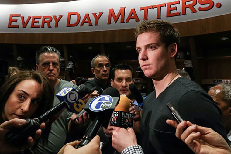 Flyers goalie Steve Mason talks to the media. (Steven M. Falk/Staff Photographer)
