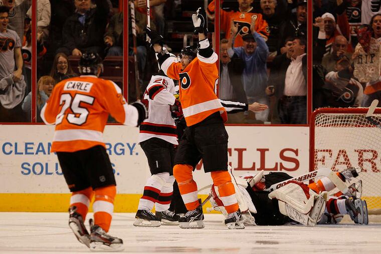 Jake Voracek celebrates his return to the ice with a goal.