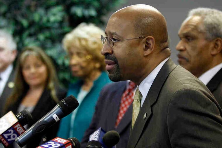 Mayor Nutter yesterday with ex-PHA board members Patrick Eiding (from left), Debra Brady, Nellie Reynolds and John Street.