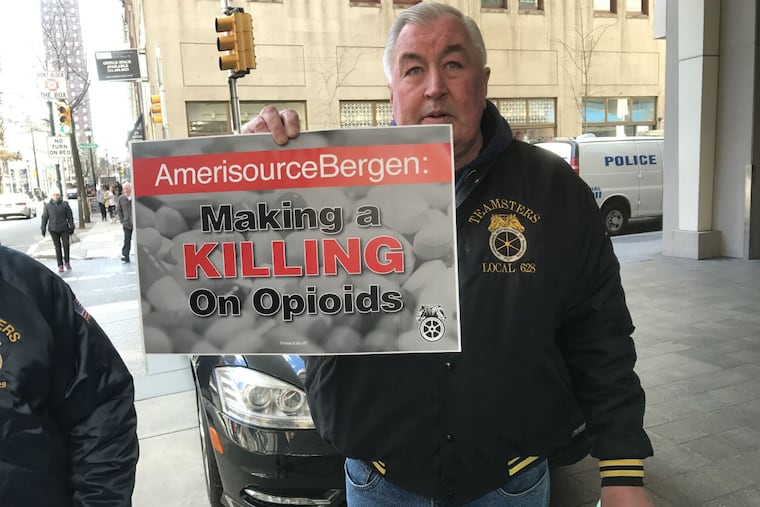 John Dagle, president of Teamsters Local 628, joined several dozen other Teamsters outside the Sofitel Hotel Philadelphia, where drug wholesaler AmerisourceBergen was holding its annual 2017 shareholders meeting.