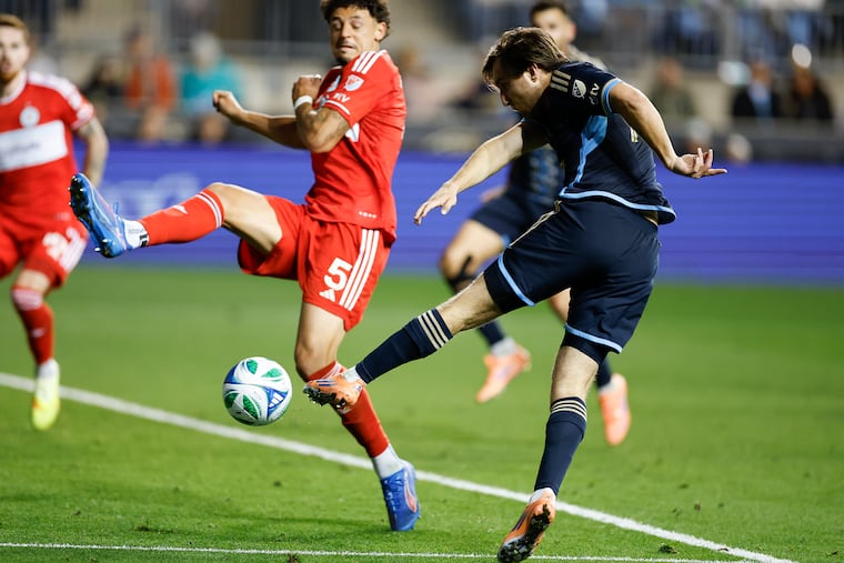 Indiana Vassilev fires in the Union's first goal against Chicago on Sunday at Subaru Park.