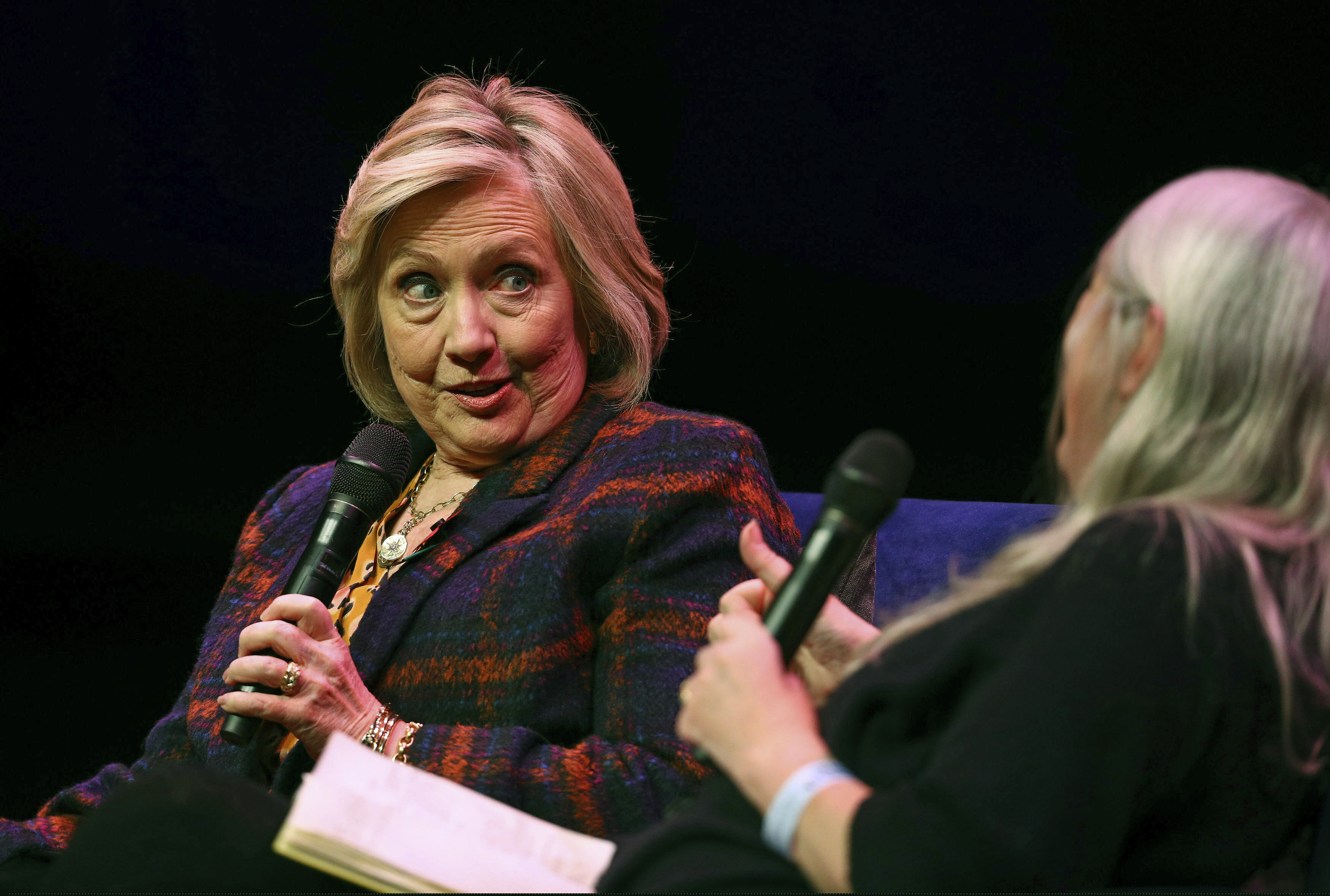 U.S. former Secretary of State Hillary Clinton, left, talks to Classicist Mary Beard, at the Southbank Centre in London during the launch of Gutsy Women: Favorite Stories of Courage and Resilience, a book by Chelsea and Hillary Clinton, in London, Sunday, Nov. 10, 2019.