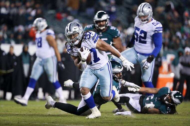 JaQuan Hardy (37) leaps over Eagles defensive back Andre Chachere (21) during a game in January.