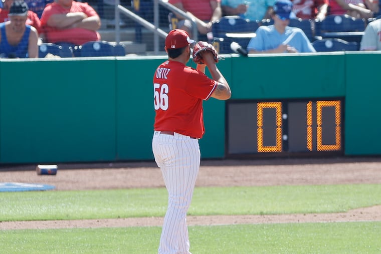 A pitch clock is shown as the Phillies' Luis Ortiz pitches during the sixth inning against the Blue Jays on Tuesday at BayCare Ballpark.