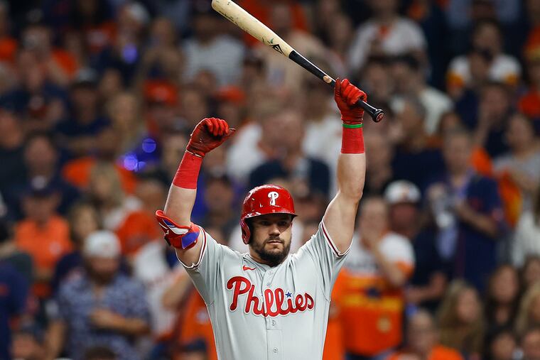 Phillies slugger Kyle Schwarber prepares to bat against the Houston Astros during Game 1 of the World Series.