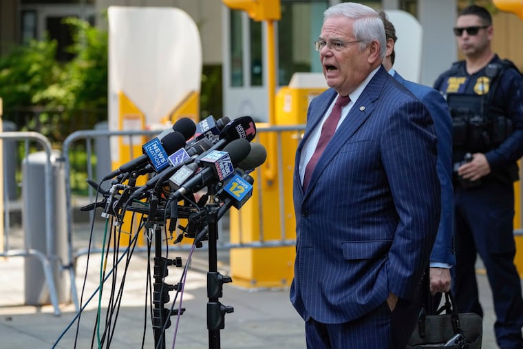 Sen. Bob Menendez, D-N.J., speaks to the media outside federal court in New York on Tuesday, July 16, 2024.
