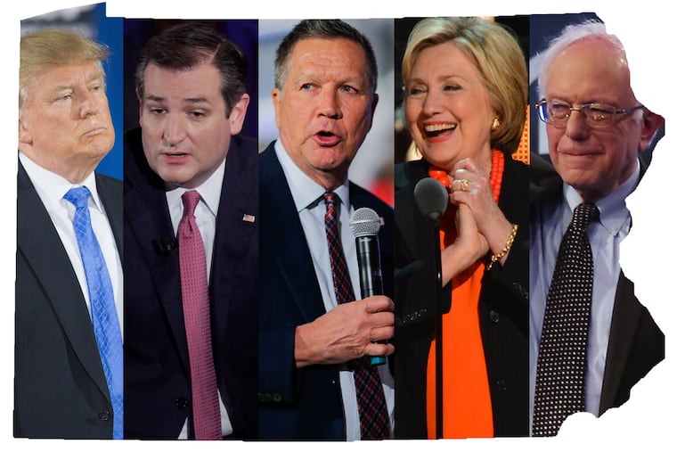 (From left to right) GOP presidential contenders Donald Trump, Ted Cruz and John Kasich, and Democratic contenders Hillary Clinton and Bernie Sanders. Who will win Pa.? Voters go to the polls today.