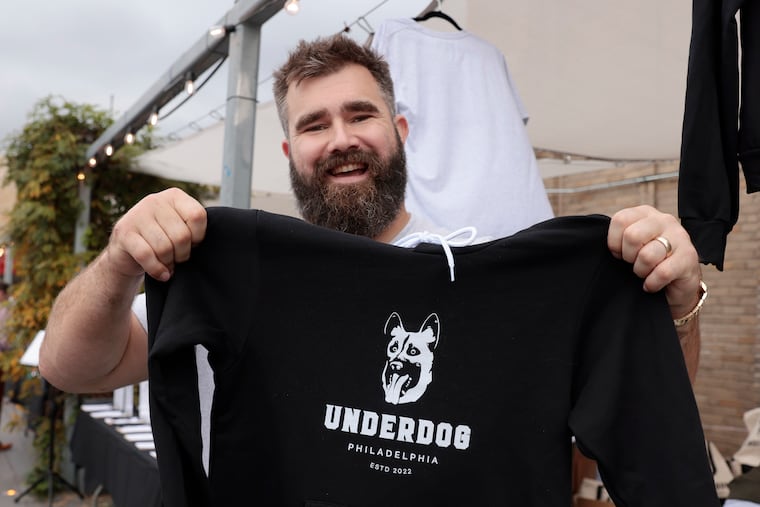 The Eagles' Jason Kelce with Underdog Philadelphia apparel during a launch party at the Bok Bar on Sunday. Proceeds from Underdog Philadelphia will go to the (Be)Philly Foundation and used to fund programs that benefit Philadelphia youth.