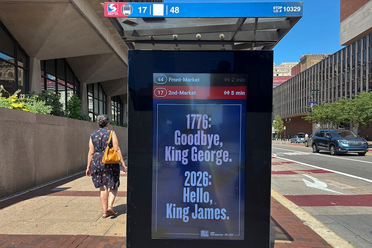 A welcome sign for new Sixers LeBron James is seen on a SEPTA bus shelter along Market Street in Center City on July 25, 2026.