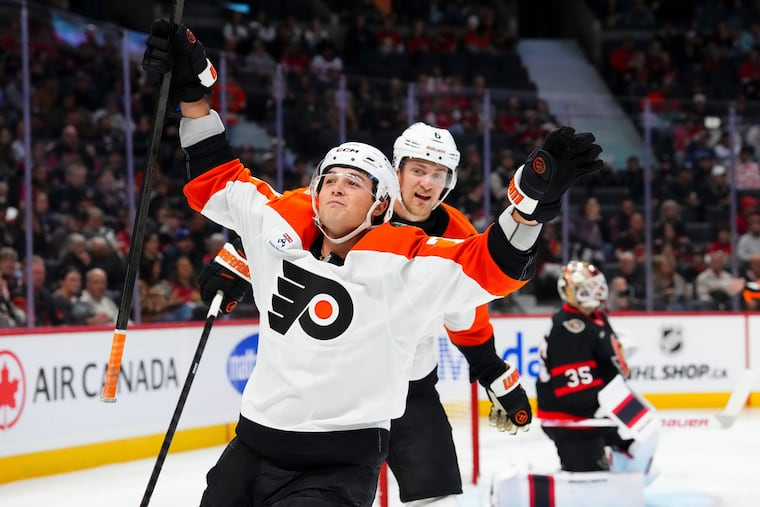 Flyers' Tyson Foerster, shown on Oct. 23, scored the go-ahead goal against the Panthers on Wednesday night.