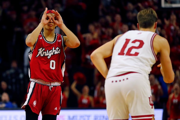 Rutgers guard Derek Simpson reacts after making a three-point basket against Indiana.