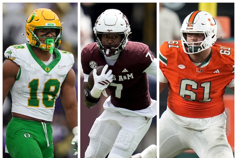 From left: Oregon tight end Kenyon Sadiq, Texas A&M receiver KC Concepcion, and Miami offensive lineman Francis Mauigoa.