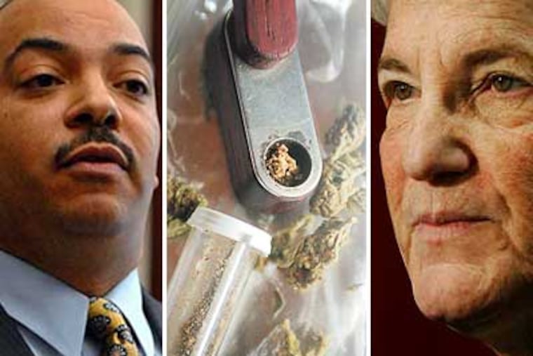 Philadelphia District Attorney Seth Williams (left) says the city's policy for dealing with puny pot cases makes sense, even if his predecessor, Lynne Abraham (right), isn't high on the idea.