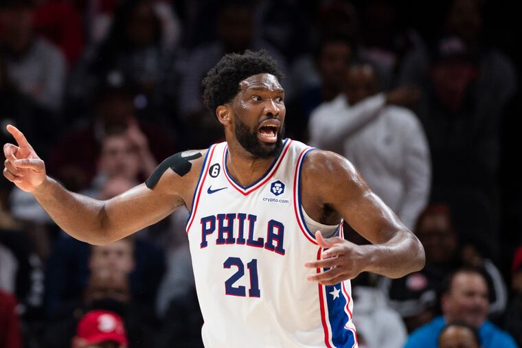Philadelphia 76ers' Joel Embiid reacts during the first half of the team's NBA basketball game against the Atlanta Hawks on Thursday, Nov. 10, 2022, in Atlanta. (AP Photo/Hakim Wright Sr.)