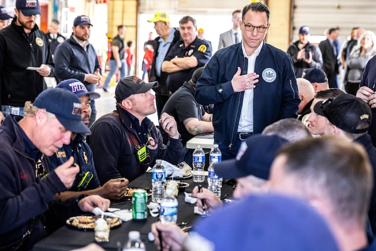 Pennsylvania Gov. Josh Shapiro thanks firefighters in Derry Township, Thursday, April 17, 2025, for their efforts after Sunday's arson attack at the Governor's Residence. (Dan Gleiter/The Patriot-News via AP)