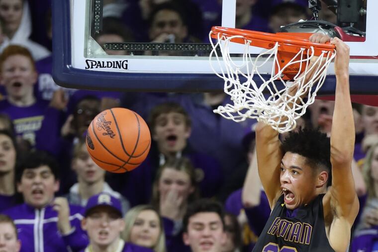 Seth Lundy of Roman Catholic dunks against Neumann-Goretti in the 2017 Catholic League semifinals. He had 19 points and eight rebounds against La Salle on Monday.