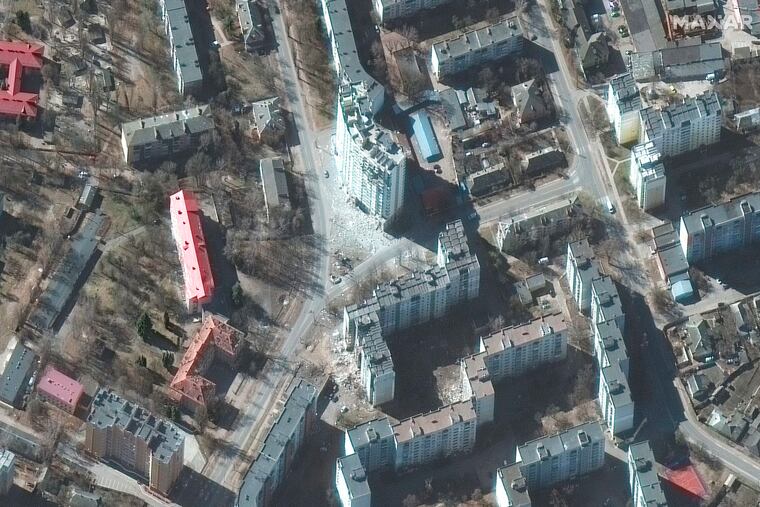 This satellite image shows damaged high rise apartment buildings in Chernihiv, Ukraine.