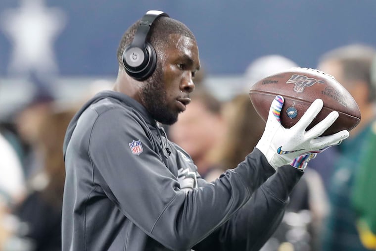 Eagles wide receiver Nelson Agholor catches the football during pregame warm-ups before the Eagles played the Dallas Cowboys on Sunday, October 20, 2019 in Arlington, TX.