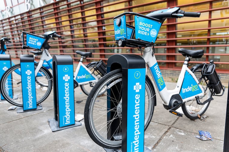Indego e-bike docked along Lehigh Avenue and 28th Street in North Philadelphia, Pa., on Thursday, Feb. 16, 2023.