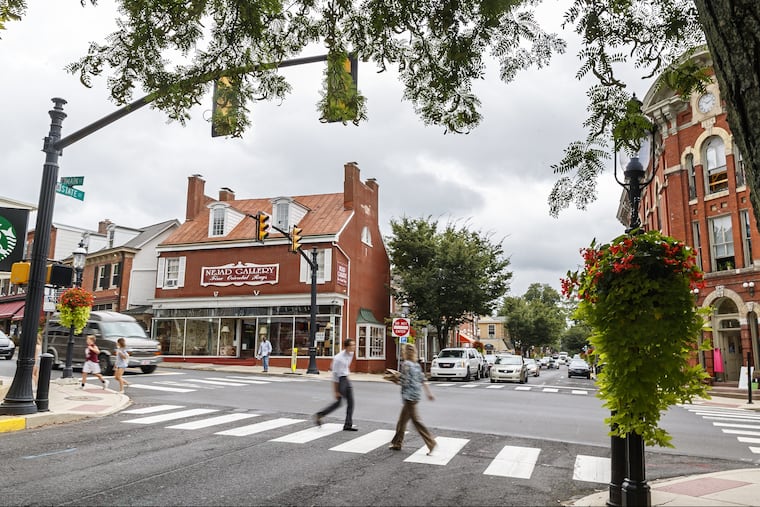 The intersection of State Street and Main Street in downtown Doylestown Borough.