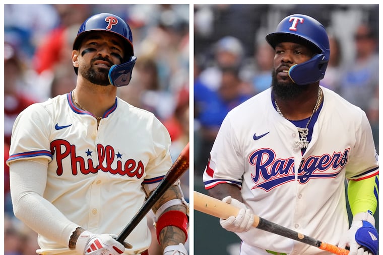 Nick Castellanos, left, is on the way out as the Phillies' right fielder, and Adolis García is in with a one-year deal.