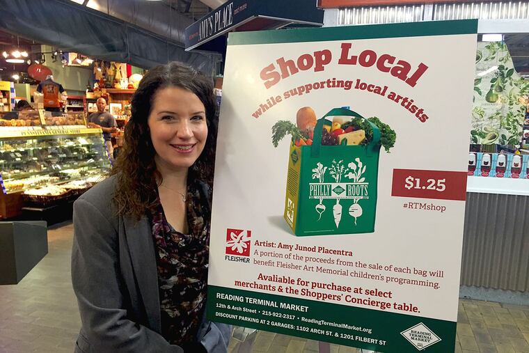 Amy Junod Placentra at a Reading Terminal Market ceremony announcing her design for a tote bag.