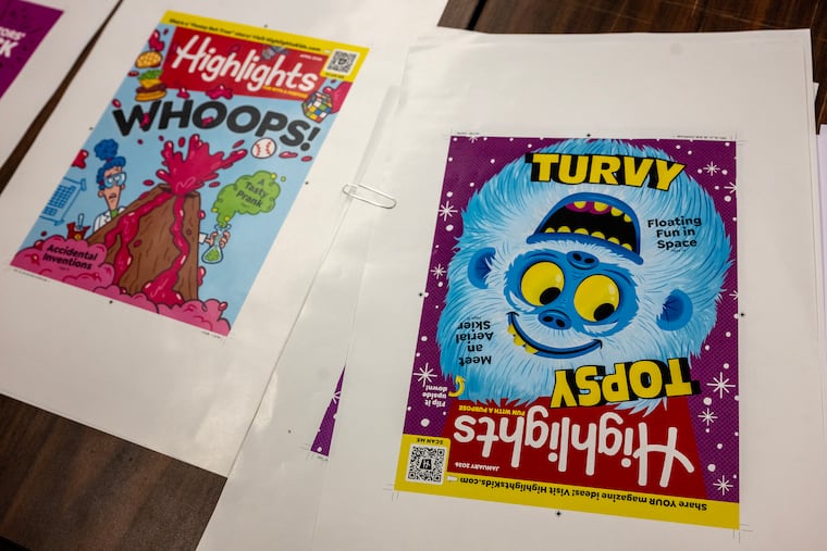 Proofs of upcoming Highlights magazine covers in the editorial offices in Honesdale Jan. 14, 2026. The publication began in the town in 1946 as a small operation in and the editorial offices are still there, even as it has grown into one of America's most respected educational magazines for kids.
