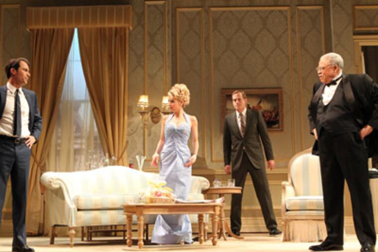 In this undated theater publicity image released by Jeffrey Richards Associates, from left, Eric McCormack, Kerry Butler, Corey Brill and James Earl Jones are shown in a scene from Gore Vidal's "The Best Man," in New York. (AP Photo/Jeffrey Richards Associates, Joan Marcus)