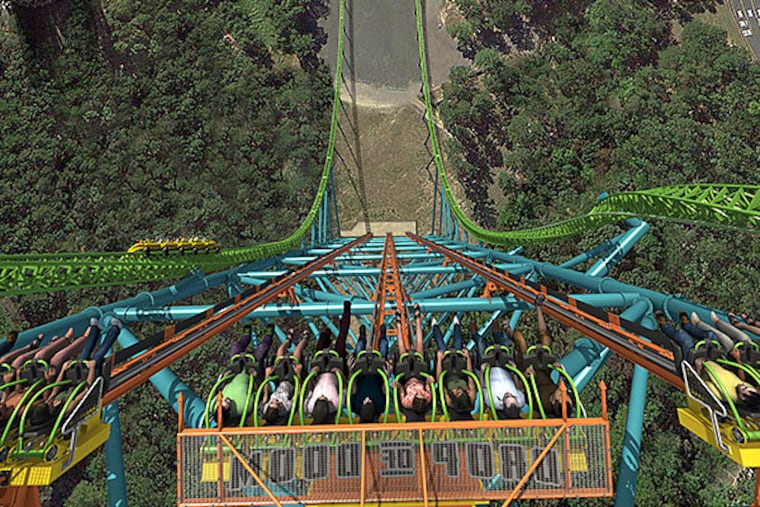 A rendering of the world’s tallest drop ride, Zumanjaro: Drop of Doom, slated to open Memorial Day weekend at Six Flags Great Adventure. The Kingda Ka roller coaster winds around the drop ride.