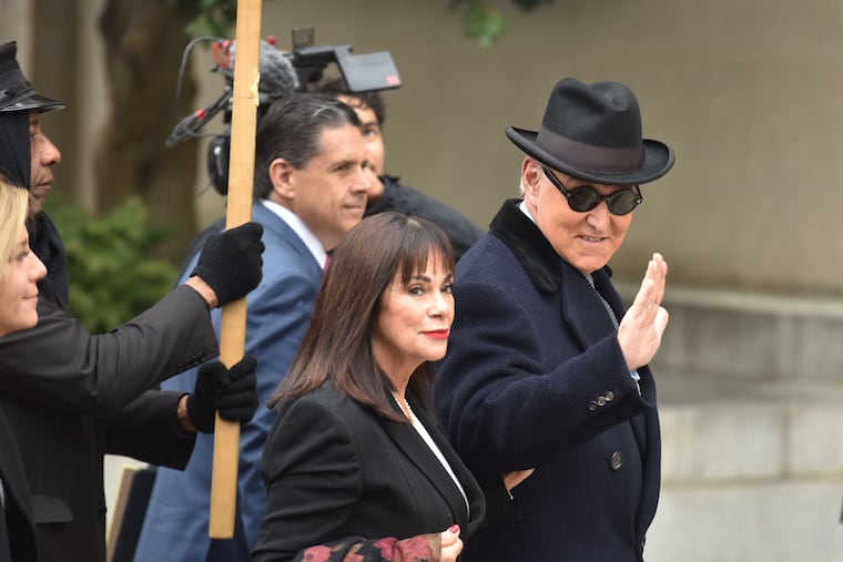 Roger Stone arrives for his sentencing at a federal courthouse in Washington on Thursday, Feb. 20, 2020. President Donald Trump's longtime friend and political confidant was sentenced to three years and four months in prison for witness tampering and lying to Congress.