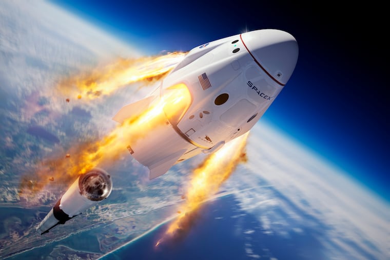 This illustration made available by SpaceX depicts the company's Crew Dragon capsule and Falcon 9 rocket during the uncrewed In-Flight Abort Test for NASA's Commercial Crew Program.