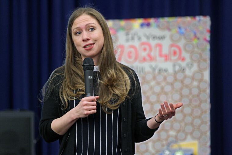 Chelsea Clinton talks at AMY Northwest Middle School. Her message: Speak up for yourself and defend your beliefs.