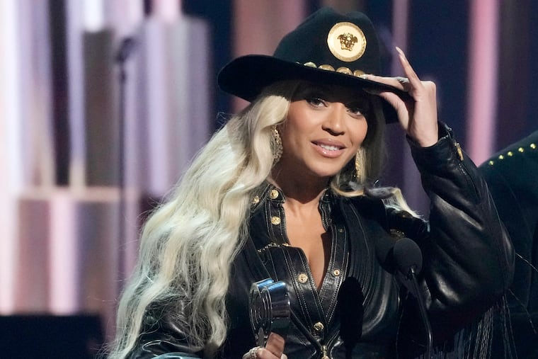 FILE - Beyonce, left, accepts the Innovator Award during the iHeartRadio Music Awards, April 1, 2024, at the Dolby Theatre in Los Angeles. (AP Photo/Chris Pizzello, File)