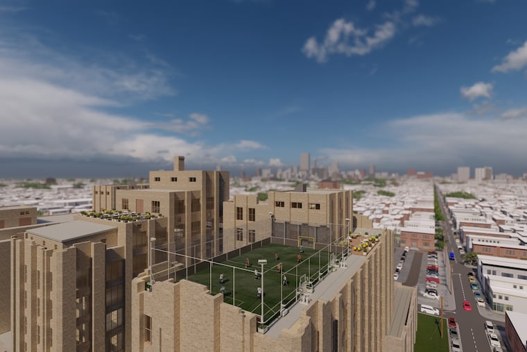 A rendering of the rooftop soccer field set to open at the Bok building this fall.