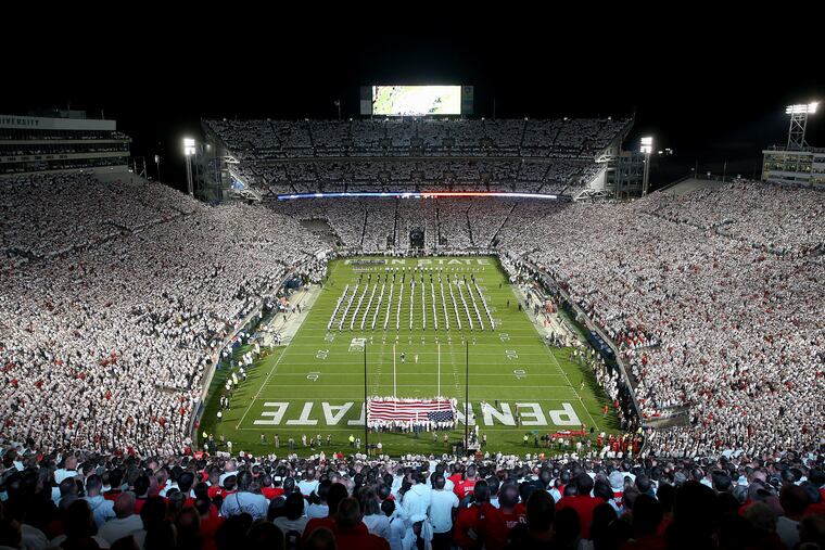 The Penn State marching band performs before a game against Ohio State at Penn State University's Beaver Stadium on Saturday, Sept. 29, 2018.