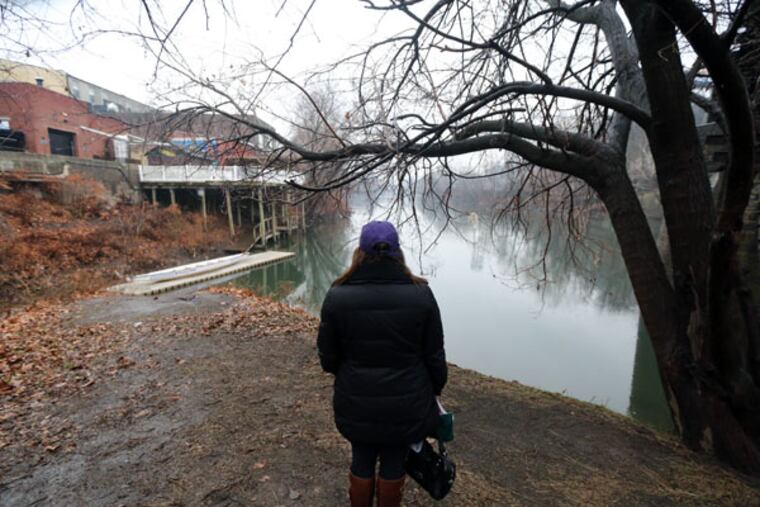Gina Castle Bell, Shane Montgomery's professor of communications at West Chester University, looks out over the area near where the body of Shane Montgomery was recovered in Manayunk on Saturday, Jan. 3, 2015. ( DAVID SWANSON / Staff Photographer )