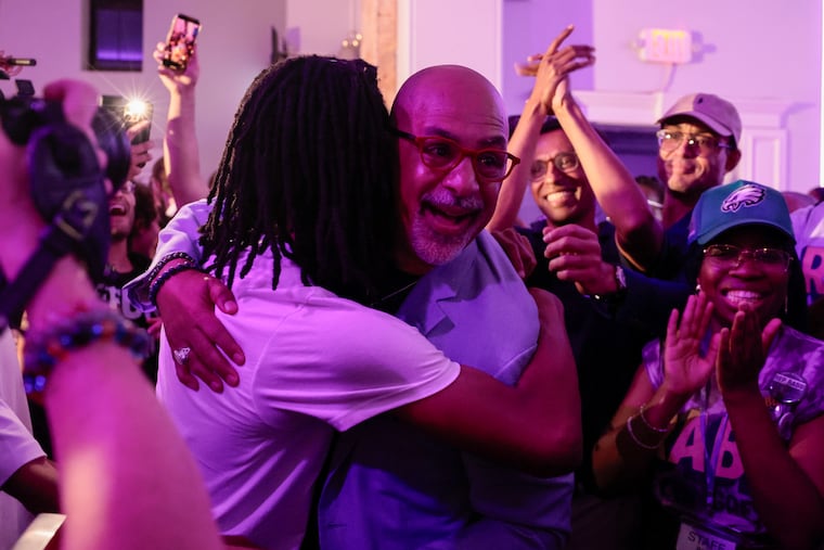 State Rep. Chris Rabb celebrates with supporters at his primary election night event at Victorian Banquet Hall Tuesday, May 19, 2026, in Philadelphia.