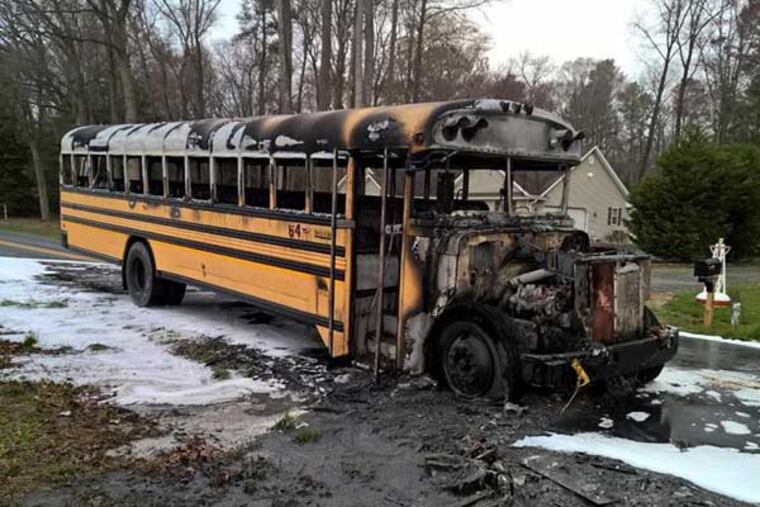 A driver and two children escaped from this bus, which burst into flames in Millsboro, Del., on April 13, 2015. (Photo courtesy of Delaware State Police)