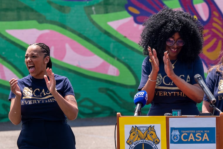 Robin Cooper (right), president of the Teamster Local 502, Commonwealth Association of School Administrators (CASA), speaks as Philadelphia principals, including Nichole Willoughby (left), principal of Potter-Thomas School Elementary School talks about the impacts $50 million in classroom cuts would mean for their schools, during a press conference at Potter-Thomas Tuesday, May 26, 2026. They want City Council to pass the rideshare tax to keep the jobs that support students.