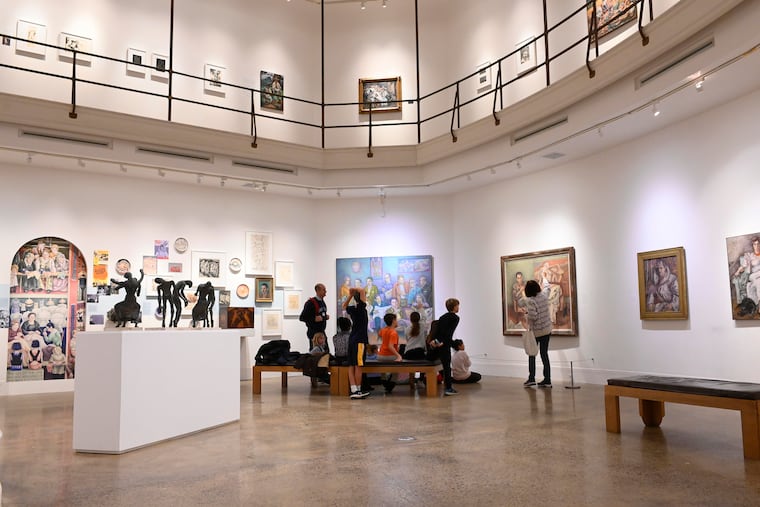 4th grade students of Erdenheim Elementary in Springfield discus the artworks on display of George Biddle, during a field trip to the Woodmere Art Museum in Philadelphia, on December 16, 2022. BASTIAAN SLABBERS / For the Inquirer
